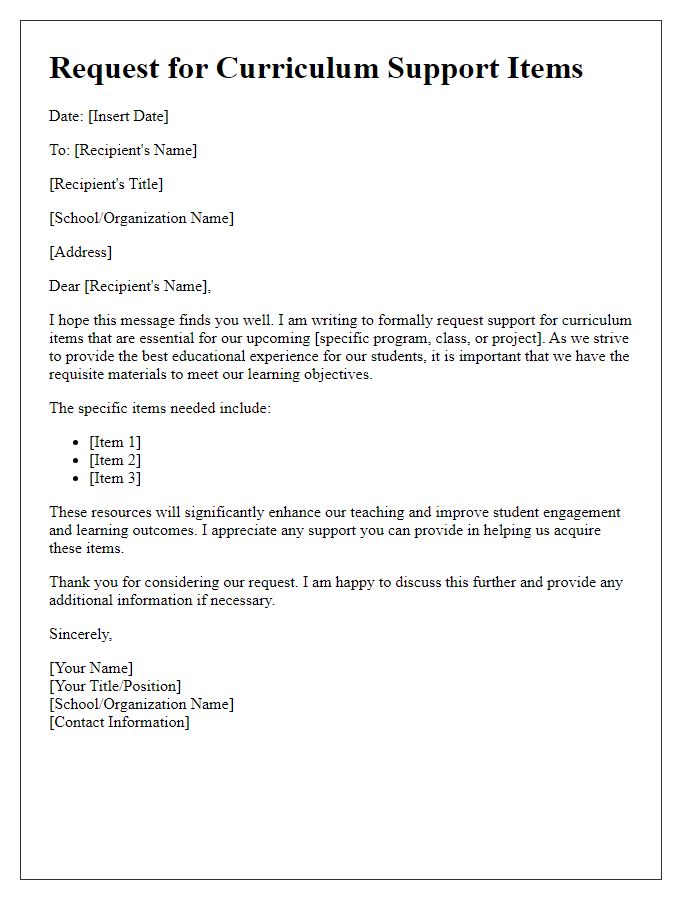 Letter template of request for curriculum support items