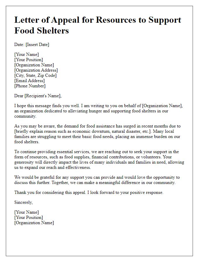 Letter template of appeal for resources to support food shelters