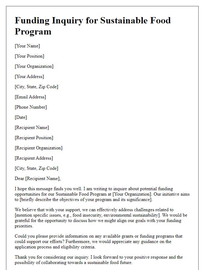 Letter template of funding inquiry for sustainable food program