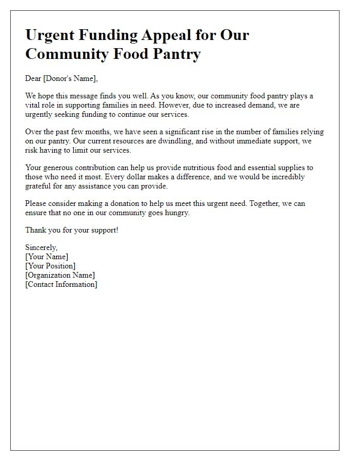 Letter template of urgent funding appeal for community food pantry