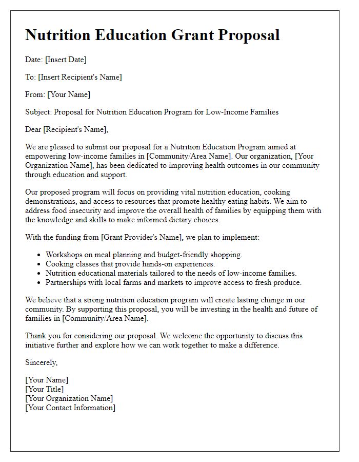 Letter template of nutrition education grant proposal aimed at low-income families.