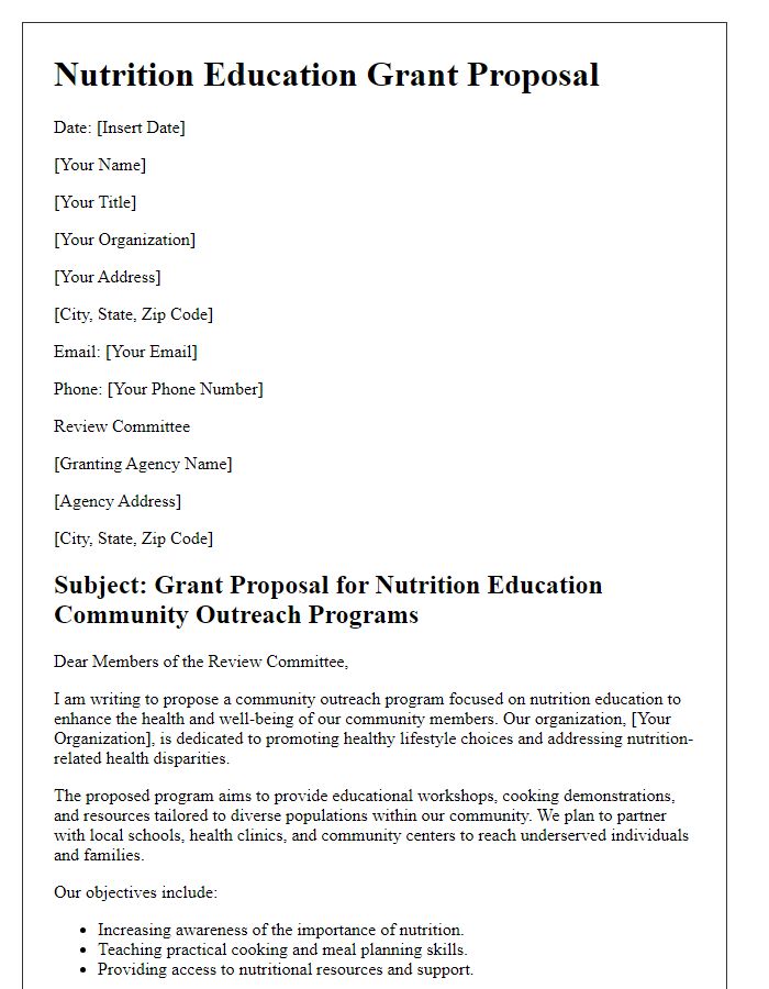 Letter template of nutrition education grant proposal for community outreach programs.