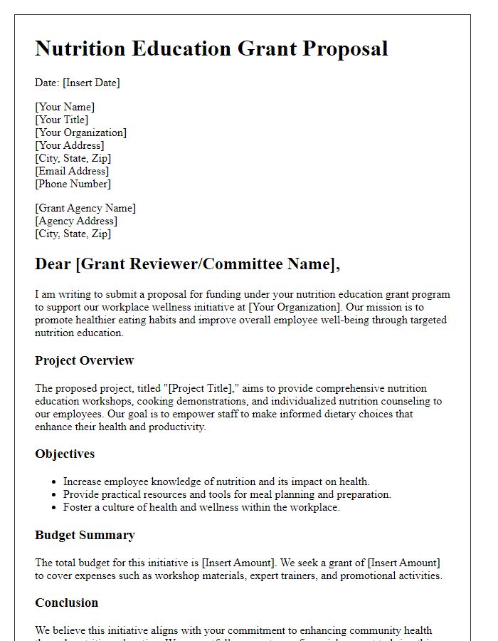 Letter template of nutrition education grant proposal designed for workplace wellness initiatives.