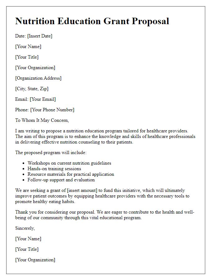 Letter template of nutrition education grant proposal for healthcare providers.