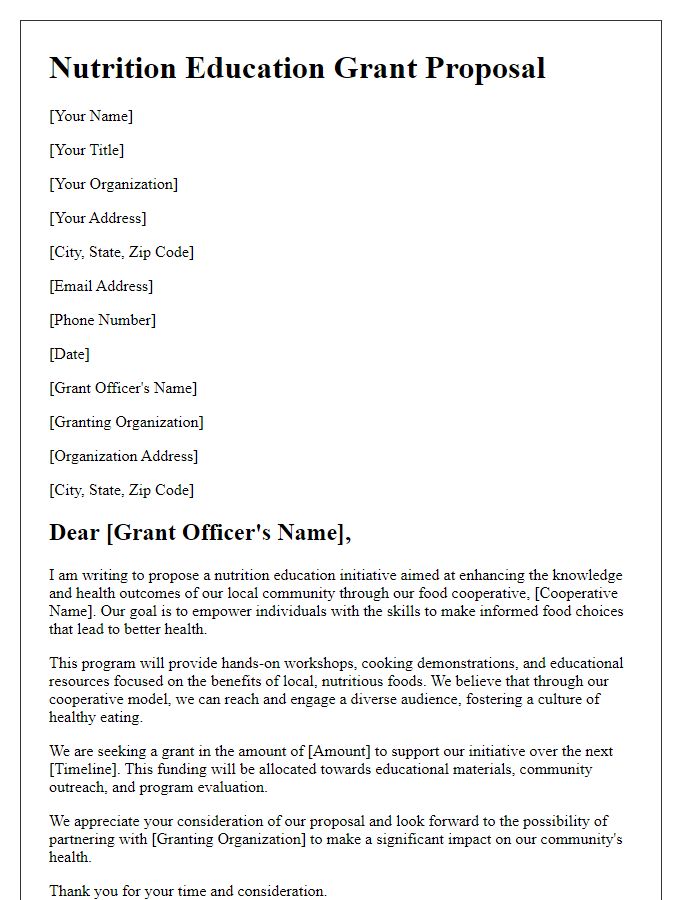 Letter template of nutrition education grant proposal for local food cooperatives.