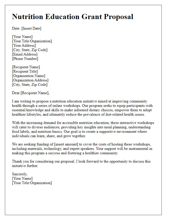 Letter template of nutrition education grant proposal for online workshops.