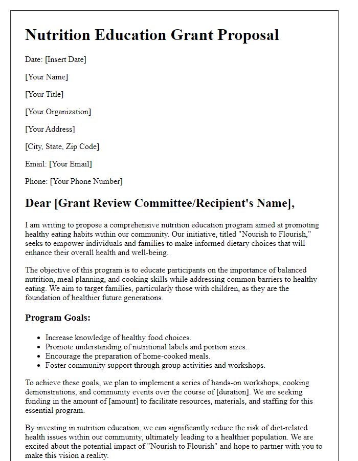 Letter template of nutrition education grant proposal promoting healthy eating habits.