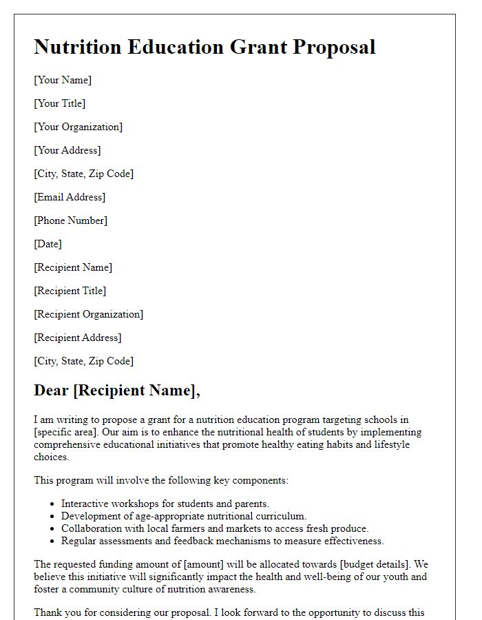 Letter template of nutrition education grant proposal targeting schools.