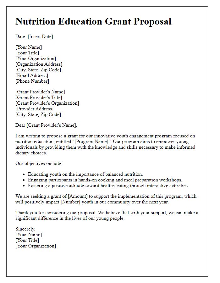 Letter template of nutrition education grant proposal for youth engagement.