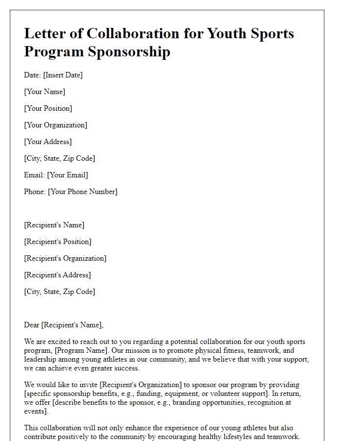 Letter template of collaboration for youth sports program sponsorship