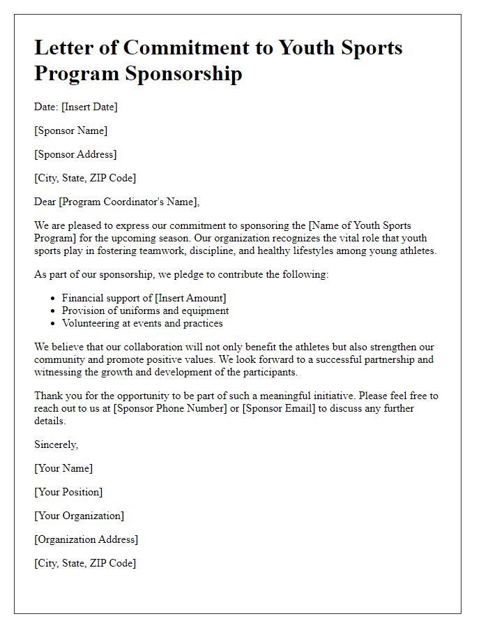 Letter template of commitment to youth sports program sponsorship