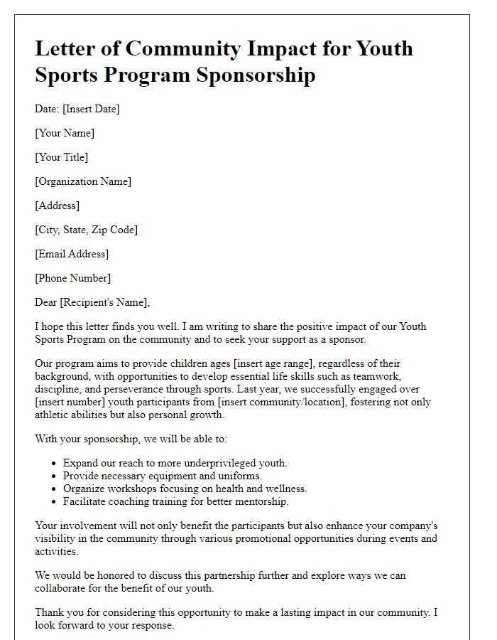 Letter template of community impact for youth sports program sponsorship