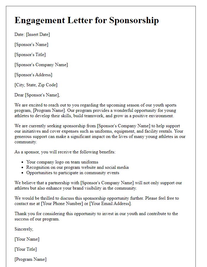 Letter template of engagement for youth sports program sponsorship