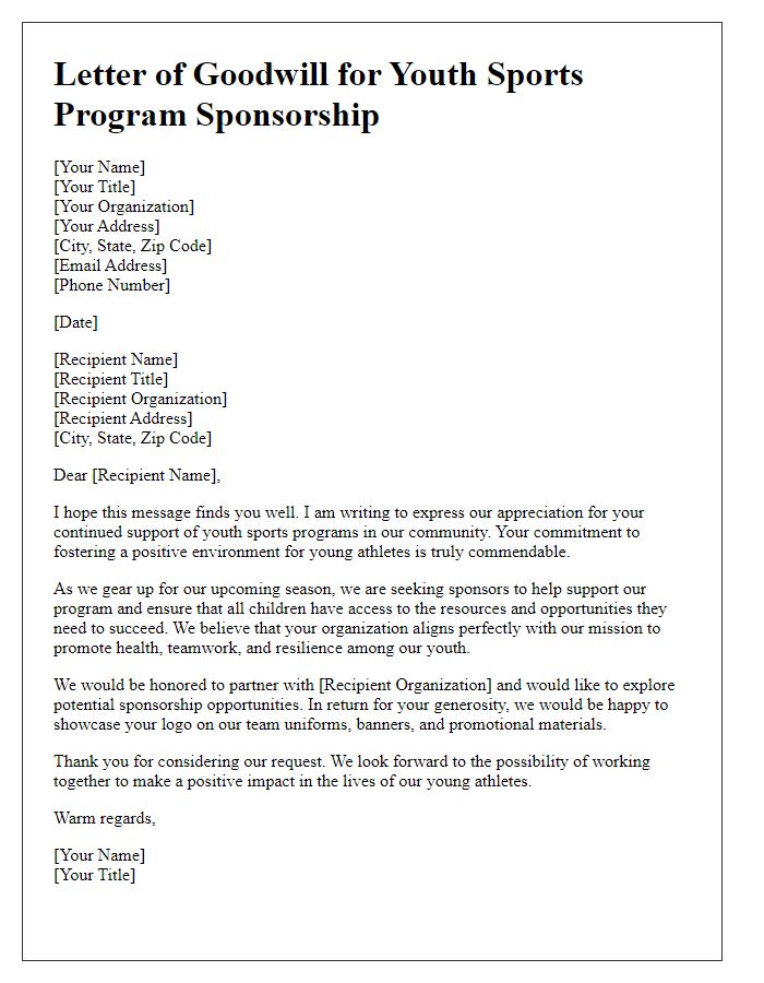 Letter template of goodwill for youth sports program sponsorship