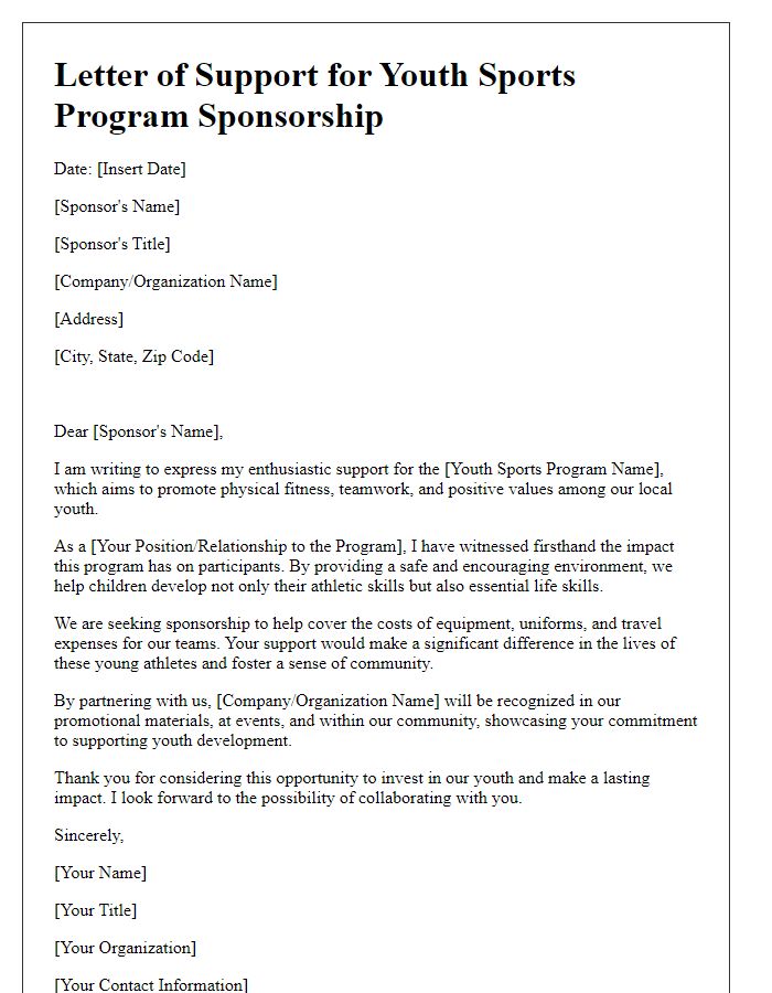 Letter template of support for youth sports program sponsorship