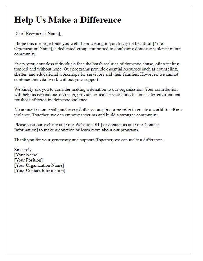 Letter template of appeal for donations to domestic violence prevention programs.