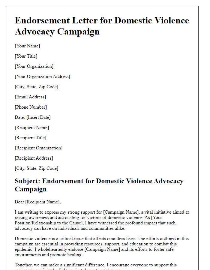 Letter template of endorsement for domestic violence advocacy campaigns.