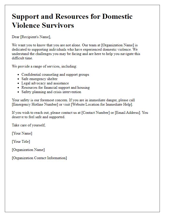 Letter template of outreach communication for domestic violence survivors.