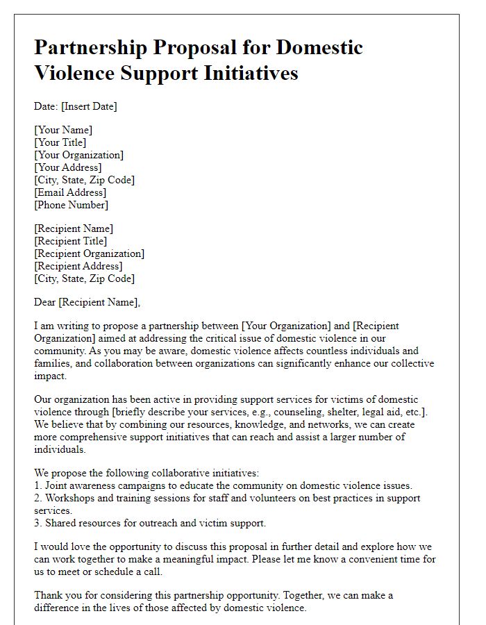 Letter template of partnership proposal for domestic violence support initiatives.