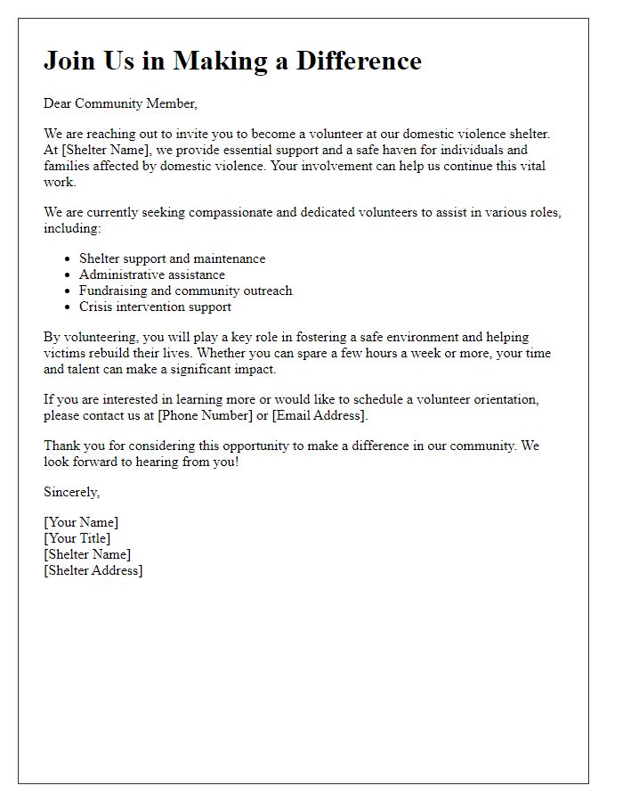 Letter template of volunteer recruitment for domestic violence shelter assistance.