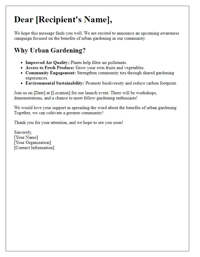 Letter template of awareness campaign for urban gardening benefits