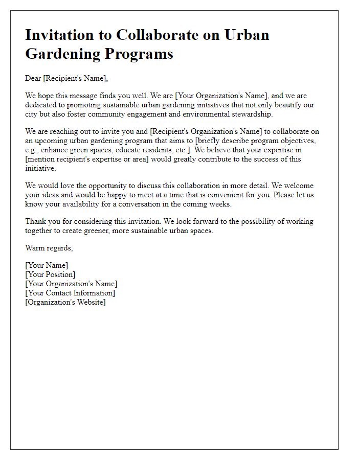 Letter template of collaboration invitation for urban gardening programs