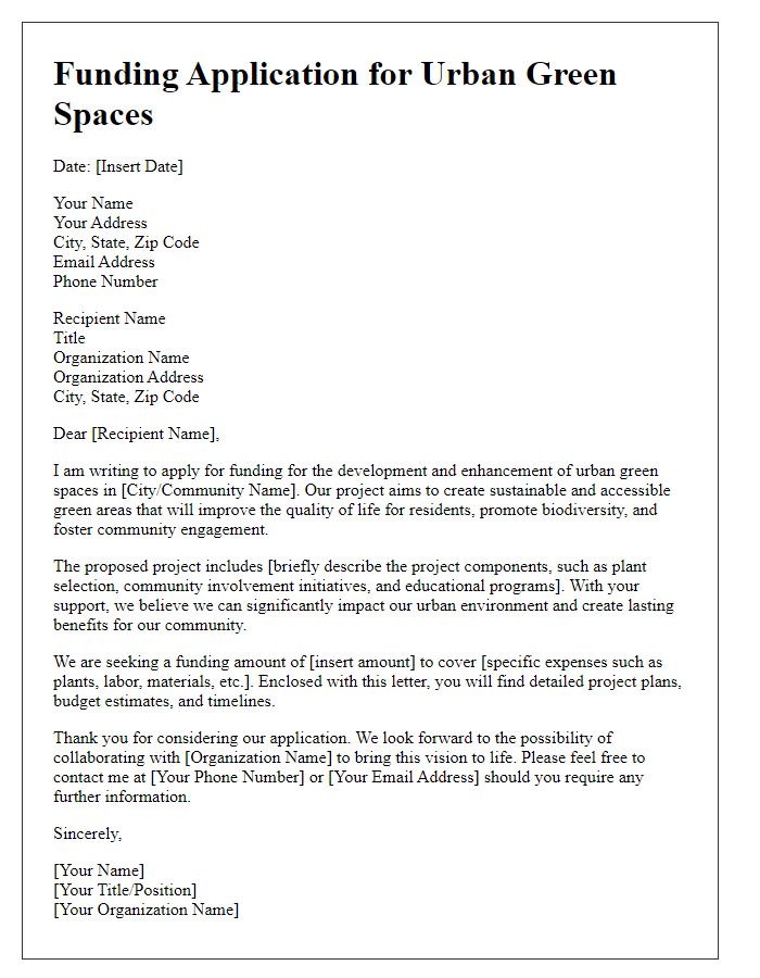 Letter template of funding application for urban green spaces