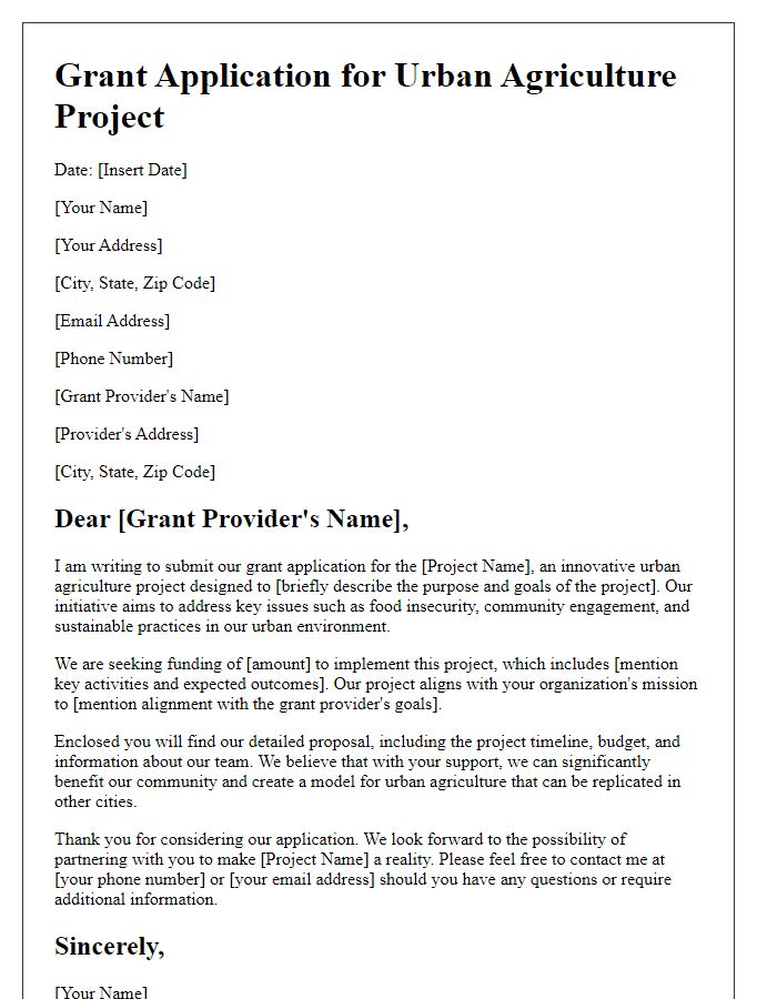 Letter template of grant application for urban agriculture projects