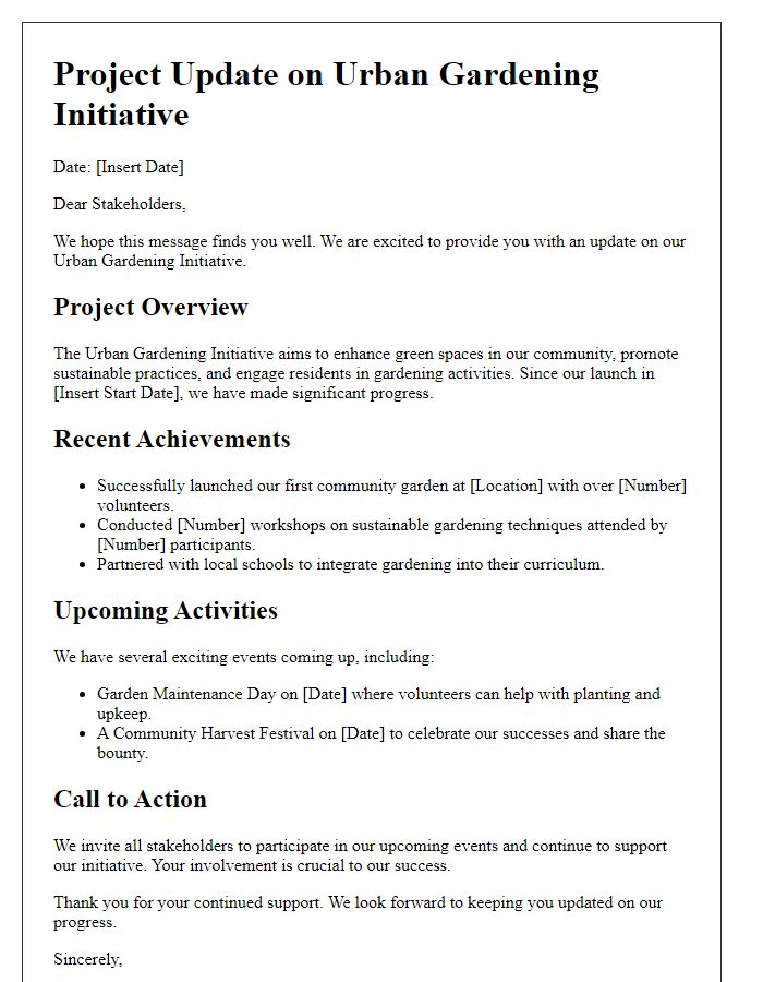 Letter template of project update for urban gardening stakeholders