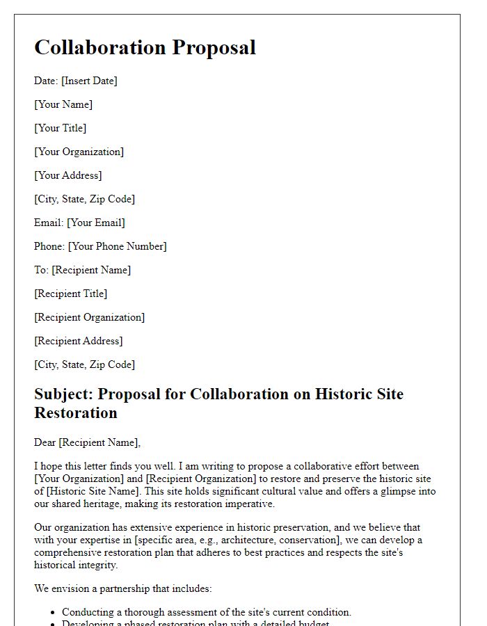 Letter template of collaboration proposal for historic site restoration.