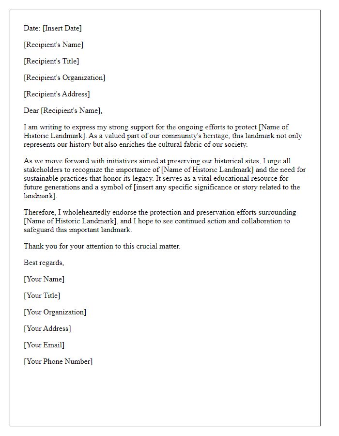 Letter template of endorsement for historic landmark protection efforts.