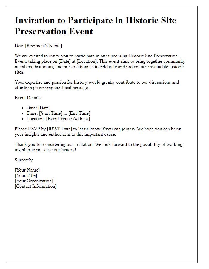 Letter template of invitation to participate in a historic site preservation event.