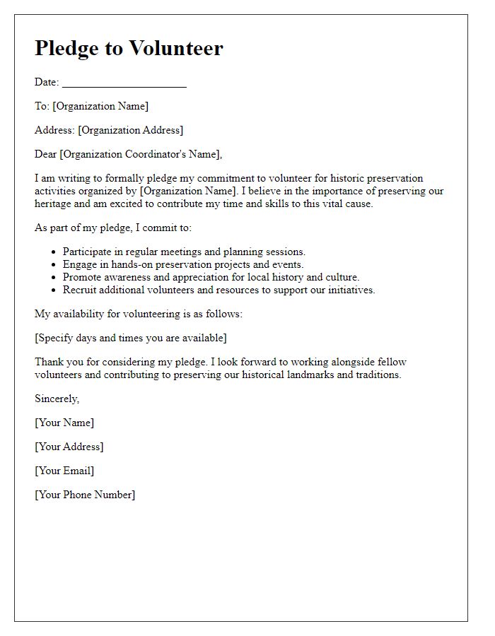 Letter template of pledge to volunteer for historic preservation activities.