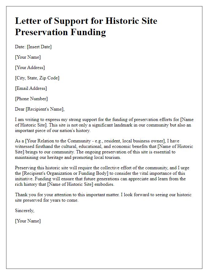 Letter template of support for historic site preservation funding.