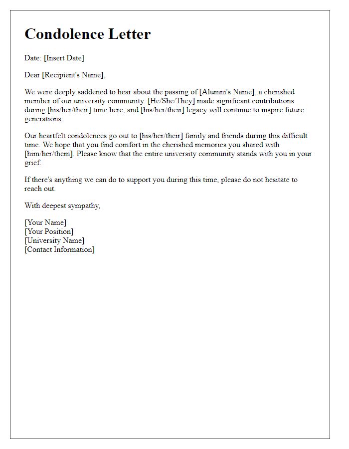 Letter template of condolence for a university alumni's death.