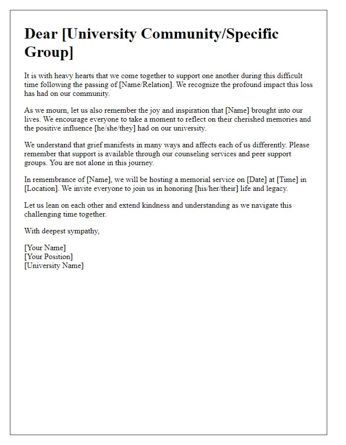 Letter template of support for a grieving university community.