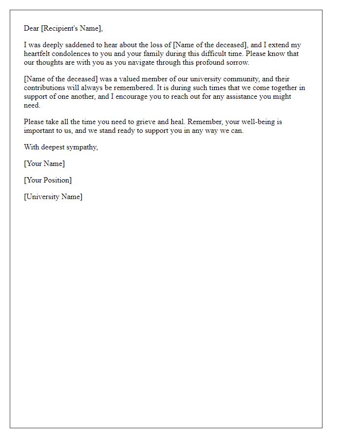 Letter template of sympathy to university staff mourning a loss.