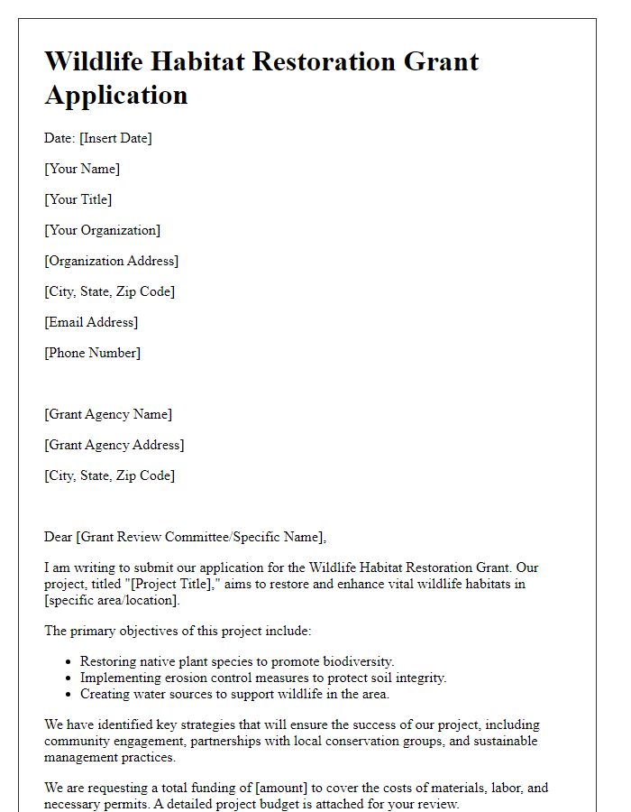 Letter template of wildlife habitat restoration grant application