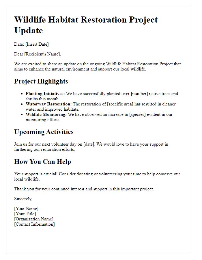 Letter template of wildlife habitat restoration project update