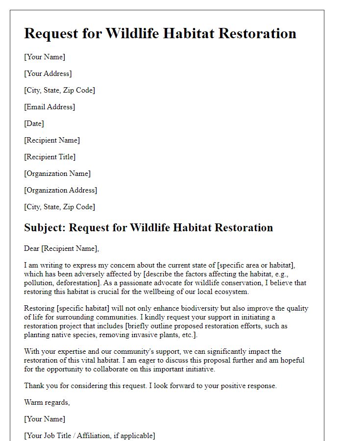 Letter template of wildlife habitat restoration request