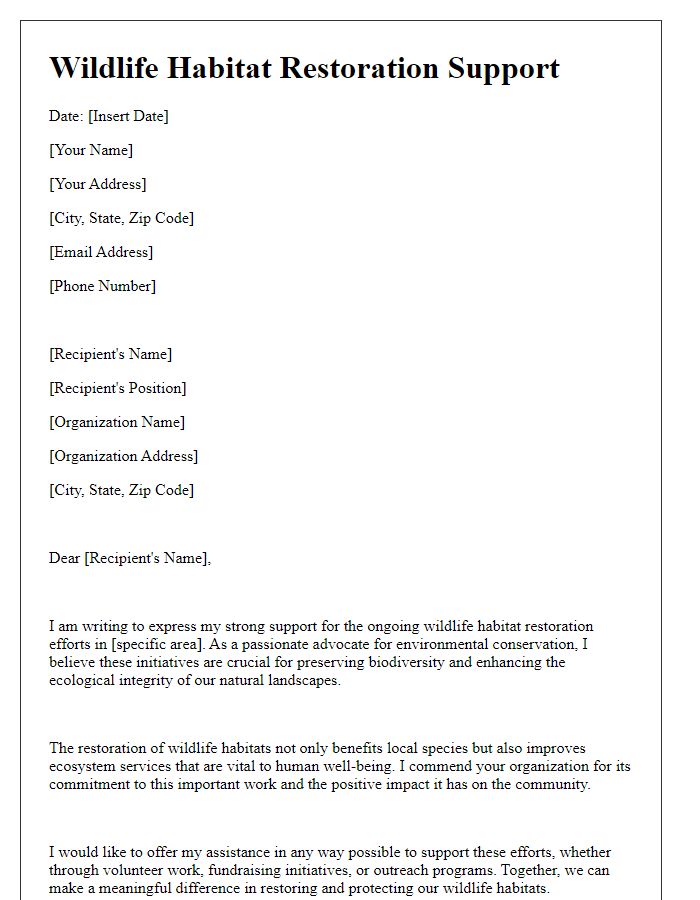 Letter template of wildlife habitat restoration support