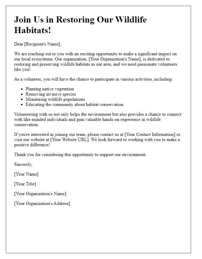 Letter template of wildlife habitat restoration volunteer recruitment