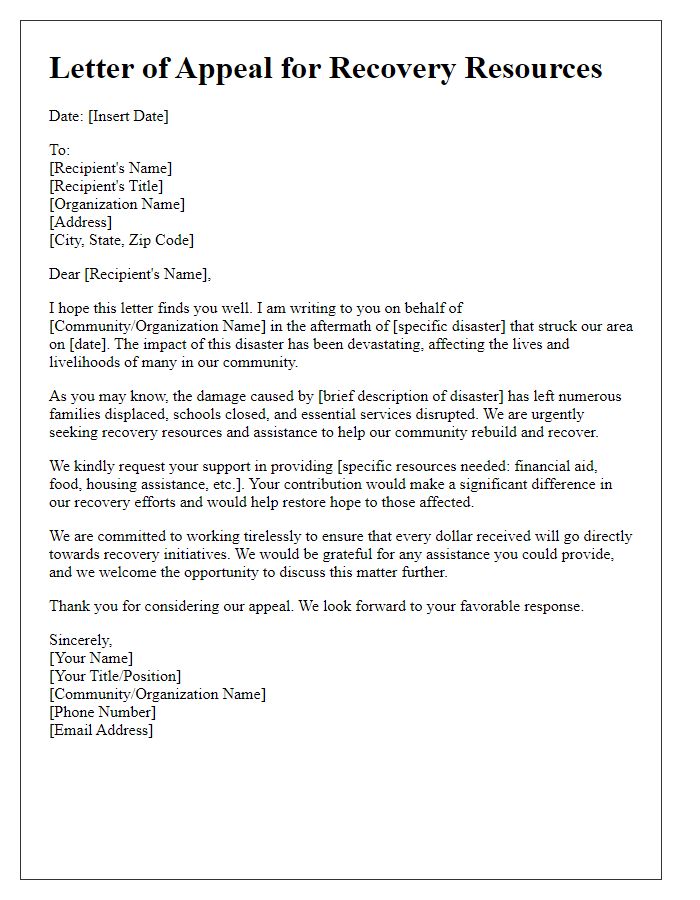 Letter template of appeal for recovery resources post-disaster