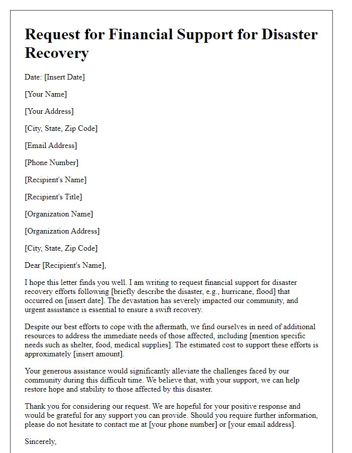 Letter template of financial support request for disaster recovery