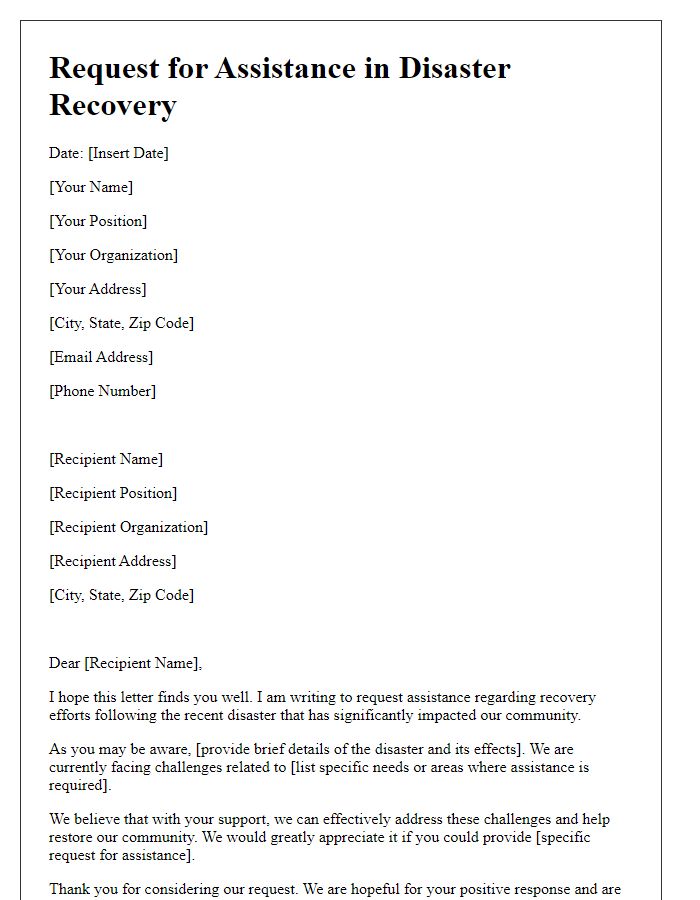 Letter template of request for assistance in disaster recovery