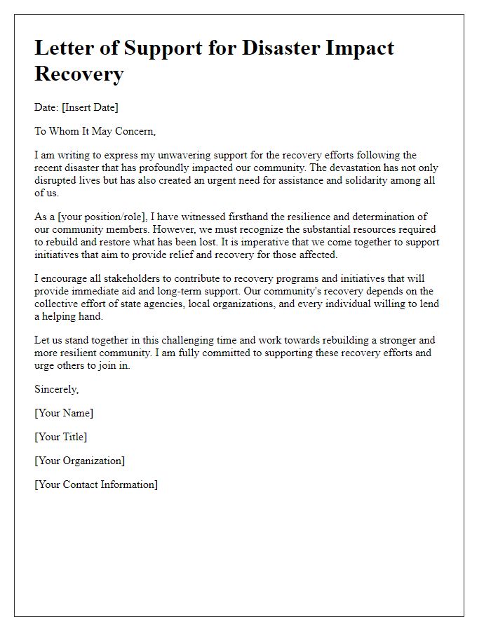 Letter template of support for disaster impact recovery