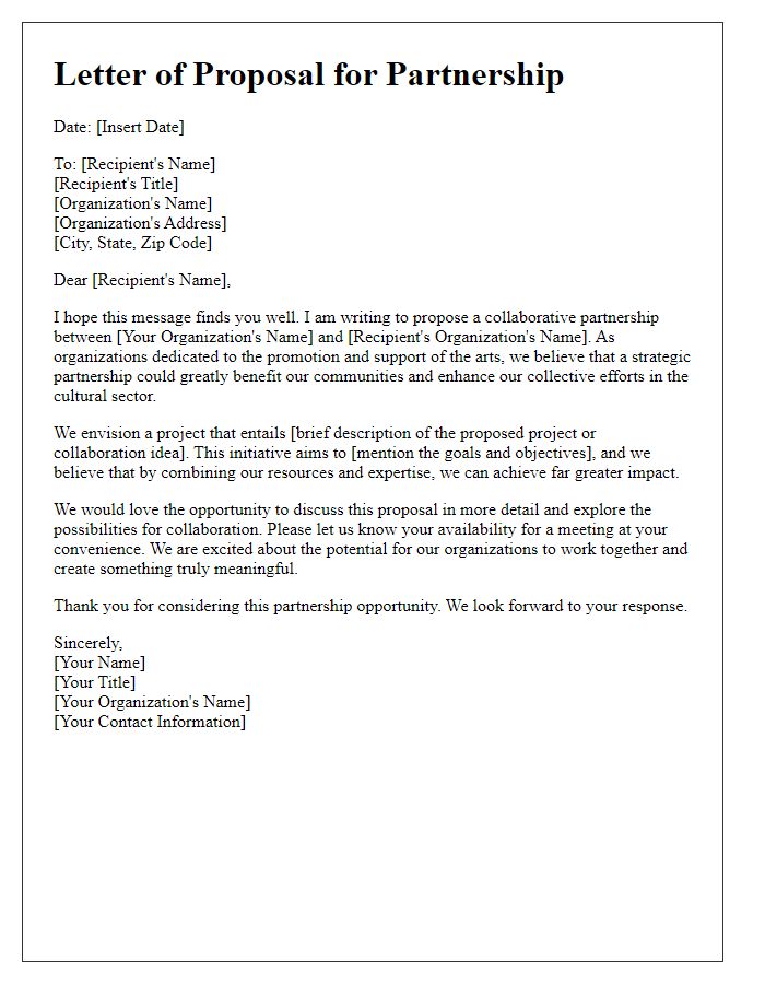 Letter template of collaborative proposal for arts organization partnership