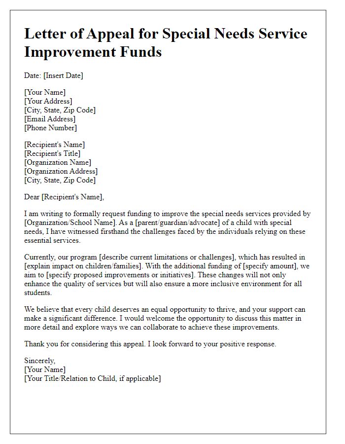 Letter template of appeal for special needs service improvement funds