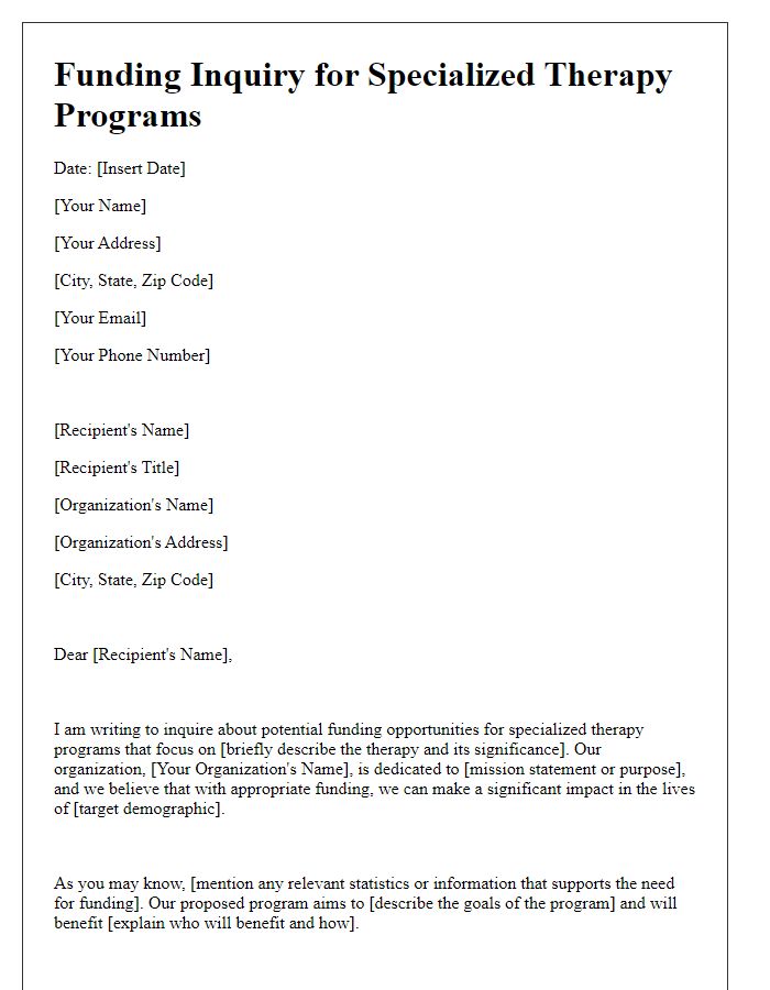 Letter template of funding inquiry for specialized therapy programs