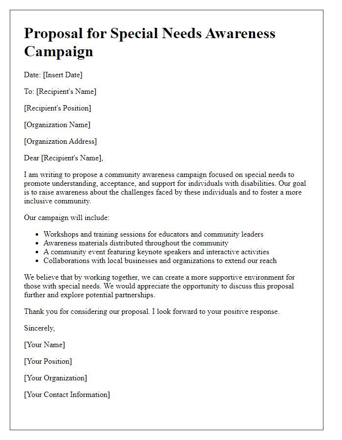 Letter template of proposal for special needs awareness campaign